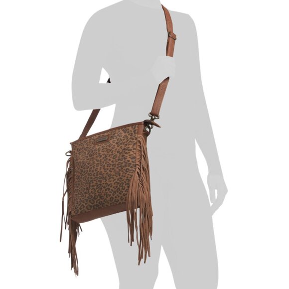 AMERICAN BISON Tan Leather Fringe Crossbody With Leopard Detail - Picture 2 of 2